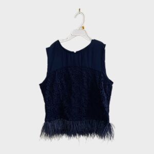 Greylin Navy Lace & Feather Hem Top‎ Medium